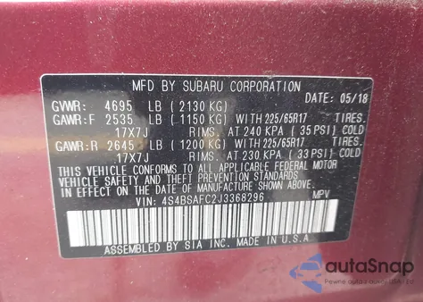 2018 Subaru Outback 2.5I Premium z USA, uszkodzony, nr VIN 4S4BSAFC2J3368296